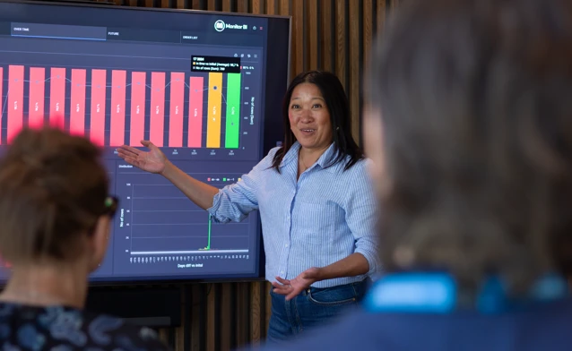 En kvinna från Monitor ERP håller en presentation för en grupp om Monitor BI (business intelligence).